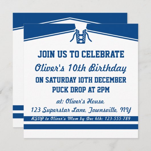 アイスホッケージャージーをテーマにしたパーティの招待状、ブルー 招待状 (正面/裏面)