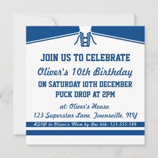 アイスホッケージャージーをテーマにしたパーティの招待状、ブルー 招待状 (正面)
