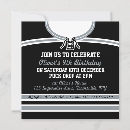 アイスホッケージャージーをテーマにしたパーティー招待状テンプレート 招待状 (正面)