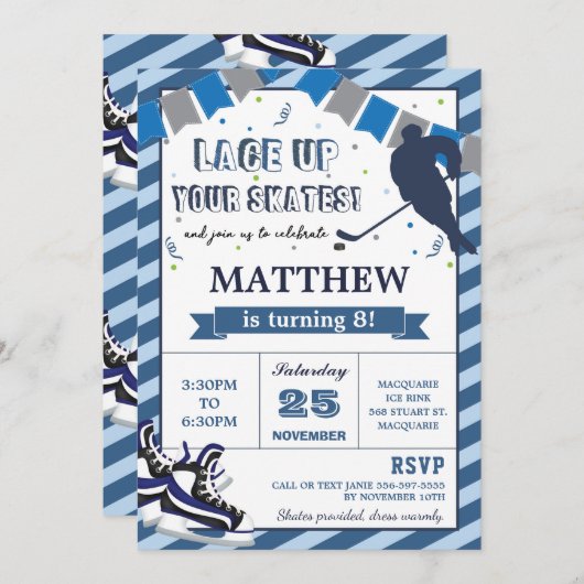 アイスホッケースケートで滑るボーイ誕生日パーティーの招待 招待状 (正面/裏面)