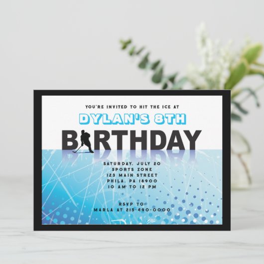 アイスホッケースケートで滑る誕生日パーティー招待 招待状 (スタンド正面)