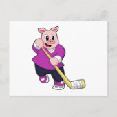 アイスホッケースティックとアイスホッケーで豚 ポストカード (正面)