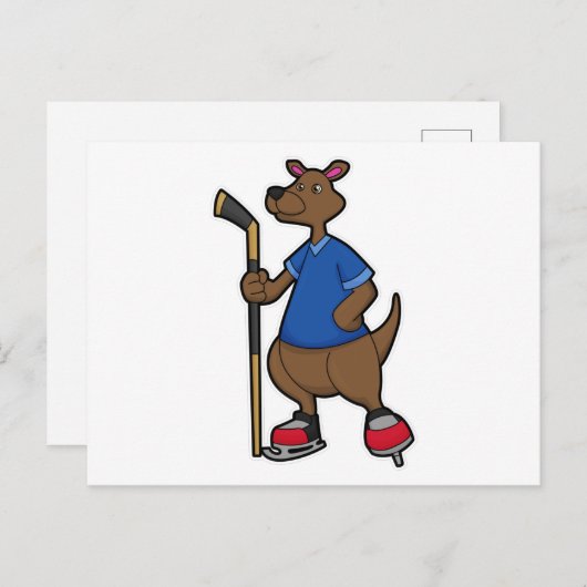 アイスホッケースティックとアイスホッケーのカンガルー ポストカード (正面/裏面)