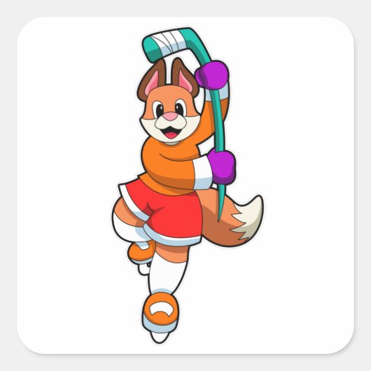 アイスホッケースティックとアイスホッケーのキツネ スクエアシール (正面)