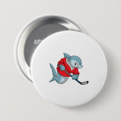 アイスホッケースティックとアイスホッケーのサメ 缶バッジ (正面&裏面)