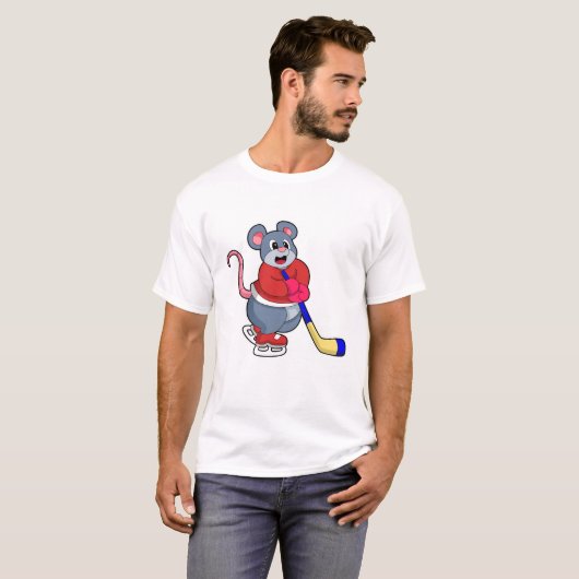 アイスホッケースティックとアイスホッケーのネズミ Tシャツ (正面フル)