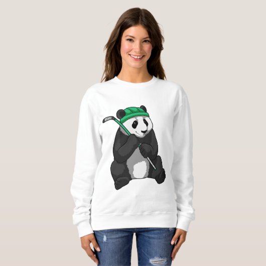 アイスホッケースティックとアイスホッケーのパンダ スウェットシャツ (正面フル)