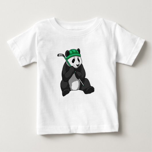アイスホッケースティックとアイスホッケーのパンダ ベビーTシャツ (正面)