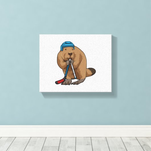 アイスホッケースティックとアイスホッケーのビーバー キャンバスプリント (インサイチュ (ウッドフロア))