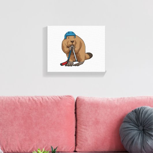 アイスホッケースティックとアイスホッケーのビーバー キャンバスプリント (インサイチュ (リビング))