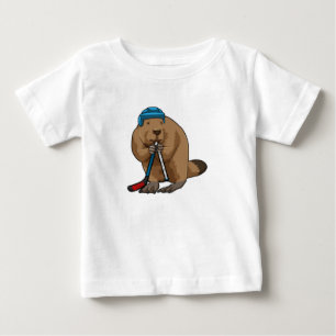 アイスホッケースティックとアイスホッケーのビーバー ベビーTシャツ