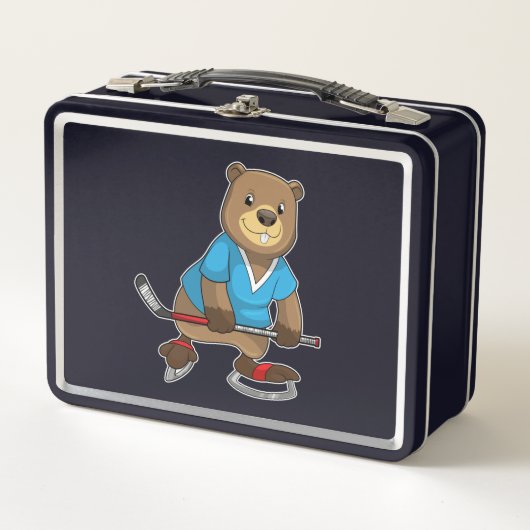 アイスホッケースティックとアイスホッケーのビーバー メタルランチボックス (正面)