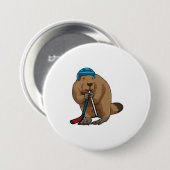 アイスホッケースティックとアイスホッケーのビーバー 缶バッジ (正面&裏面)