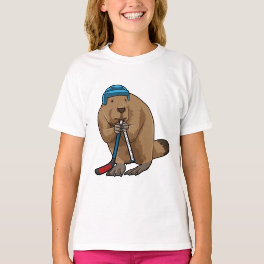 アイスホッケースティックとアイスホッケーのビーバー Tシャツ (正面)