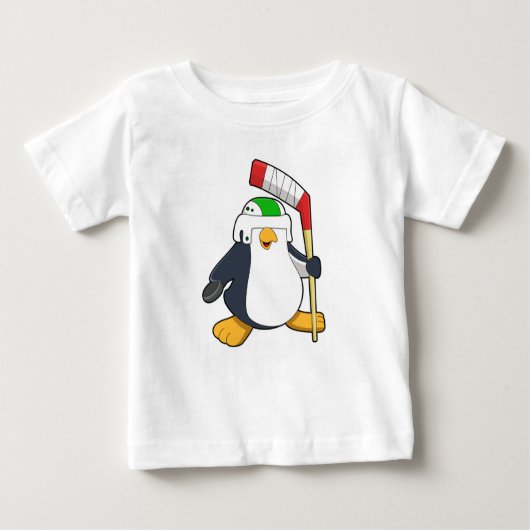 アイスホッケースティックとアイスホッケーのペンギン ベビーTシャツ (正面)