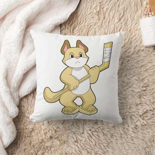 アイスホッケースティックとアイスホッケーの猫 クッション (ブランケット)