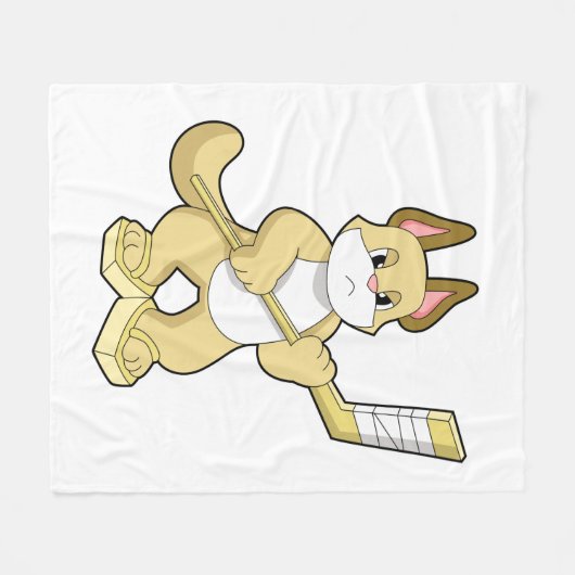 アイスホッケースティックとアイスホッケーの猫 フリースブランケット (正面(横))