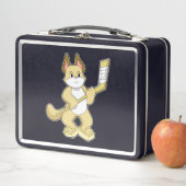 アイスホッケースティックとアイスホッケーの猫 メタルランチボックス (インサイチュ)