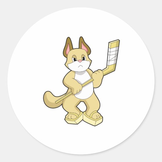 アイスホッケースティックとアイスホッケーの猫 ラウンドシール (正面)