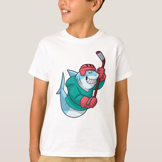 アイスホッケースティック&ヘルメットとアイスホッケーのサメ Tシャツ (正面)
