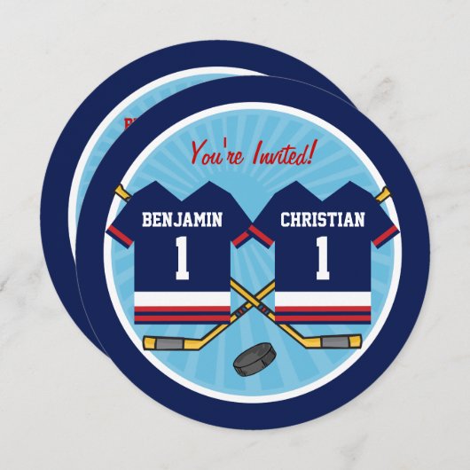 アイスホッケーツインズジャージー第1誕生日パーティー 招待状 (正面/裏面)