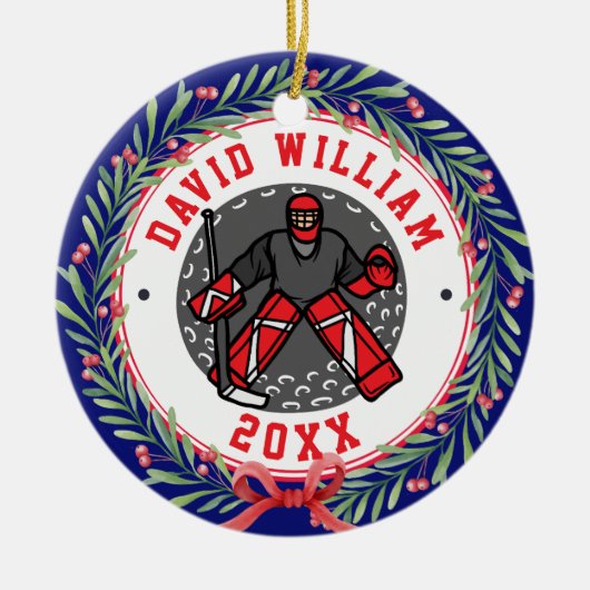 アイスホッケーパーソナライズされたプレイヤー名クリスマスプレゼント セラミックオーナメント (正面)