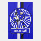 アイスホッケーパーソナライズされたプレーヤーブルー キッチンタオル (縦)