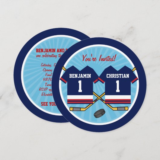 アイスホッケー双子のジャージ 1歳の誕生日パーティー 招待状 (正面/裏面)