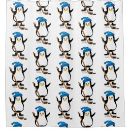 アイスホッケー用スティックを持つかわいいホッケーのペンギン シャワーカーテン