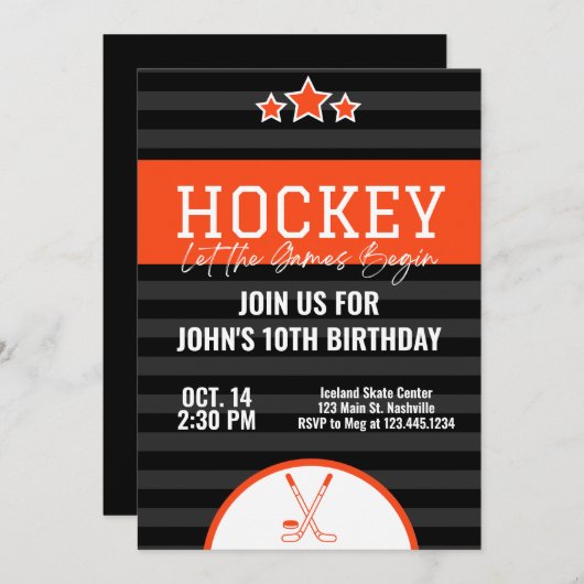 アイスホッケー誕生日オレンジブラックストライプ 招待状 (正面/裏面)