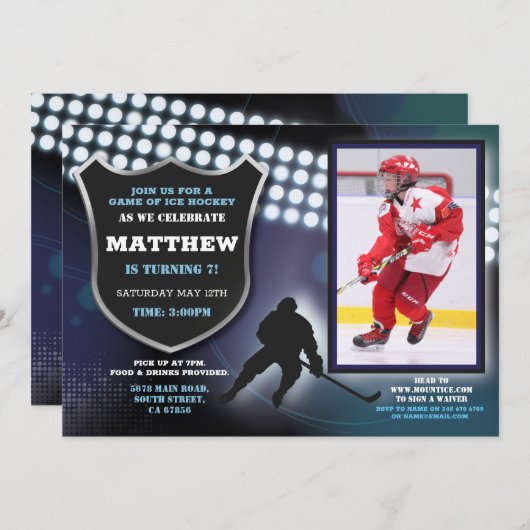 アイスホッケー誕生日パーティースポーツフォトゲームボーイズ 招待状 (正面/裏面)