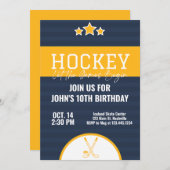 アイスホッケー誕生日青黄色ストライプ 招待状 (正面/裏面)