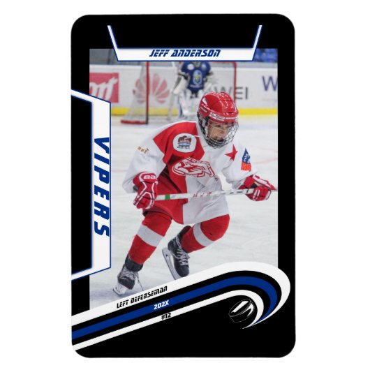 アイスホッケー選手が生き生きとしたブルーブラックでキープサケ マグネット (縦)