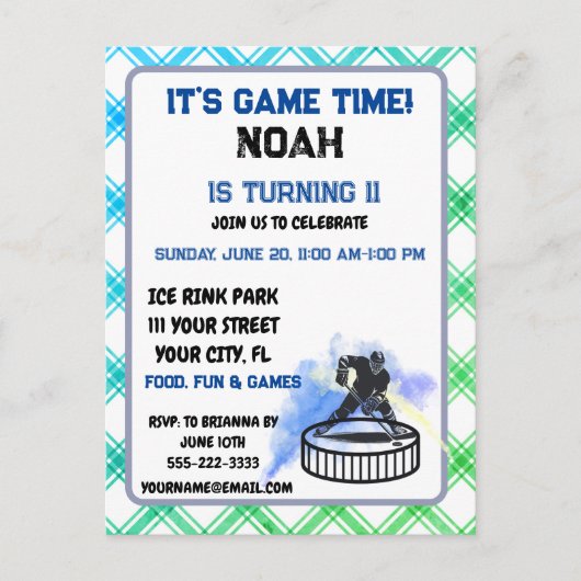 アイスホッケー選手のスポーツをテーマにした招待状のポストカード インビテーションポストカード (正面)
