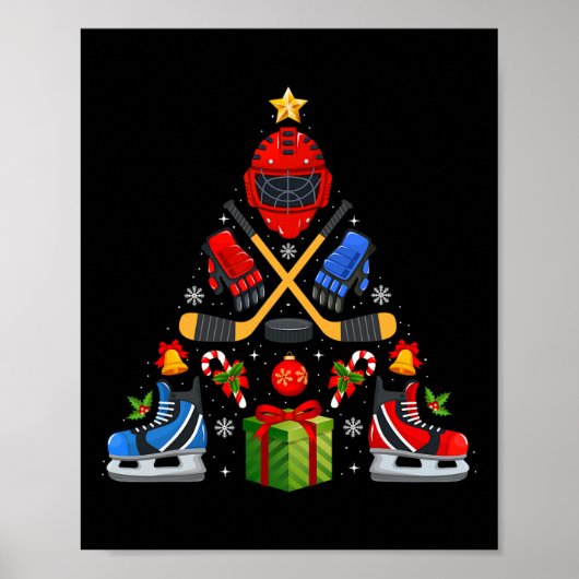 アイスホッケー クリスマスツリーライト 赤いサンタ帽子 Xma ポスター (正面)