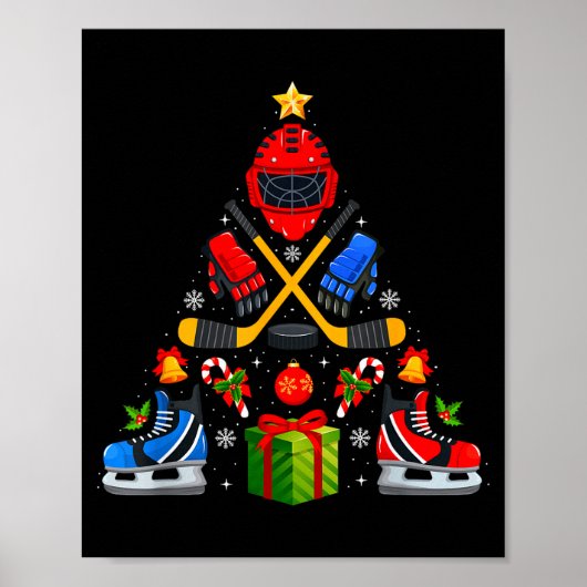 アイスホッケー クリスマスツリーライト 赤サンタ帽子 Xmas ポスター (正面)