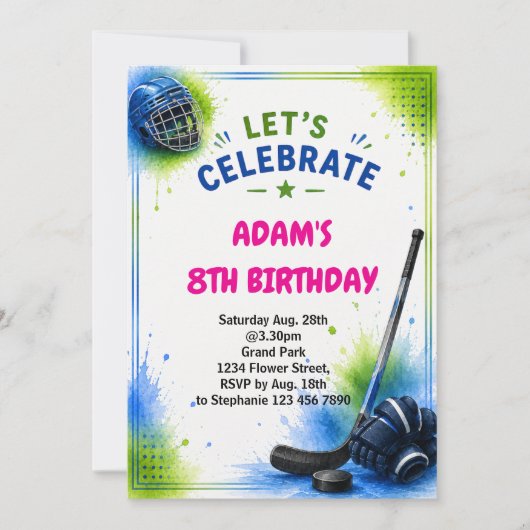 アイスホッケー 誕生日招待状 テンプレート (正面)