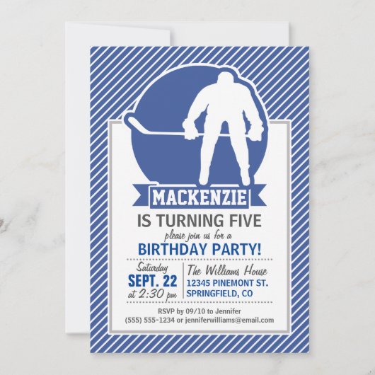 アイスホッケー、青と白のストライプ、スポーツ 招待状 (正面)