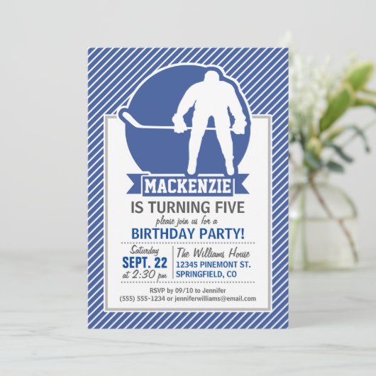 アイスホッケー、青と白のストライプ、スポーツ 招待状 (スタンド正面)