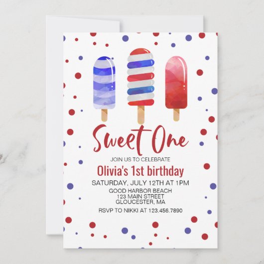 アイスポップスウィートワン赤白青1st誕生日 招待状 (正面)