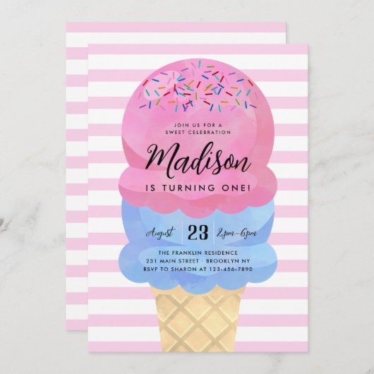 アイスモダンクリーム赤面ピンクブルー子供の誕生日 招待状 (正面/裏面)