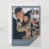 アイスモダンブルーとシルバーのグリッター3フォト結婚ズ 招待状 (裏面)