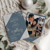 アイスモダンブルーとシルバーのグリッター3フォト結婚ズ 招待状