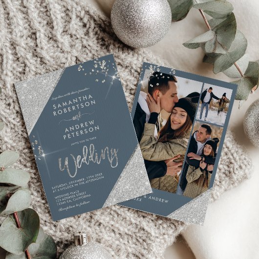 アイスモダンブルーとシルバーのグリッター3フォト結婚ズ 招待状