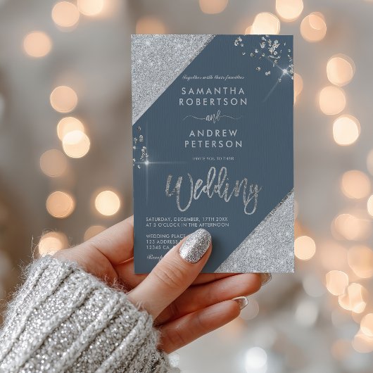 アイスモダンブルーとシルバーのグリッター3フォト結婚ズ 招待状