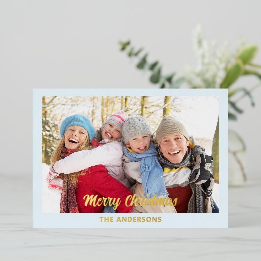 アイスモダンブルーエレガントフォトフラットメリークリスマス 箔シーズンカード (立ち正面)