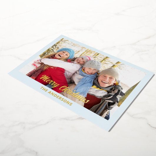 アイスモダンブルーエレガントフォトフラットメリークリスマス 箔シーズンカード (回転した状態)