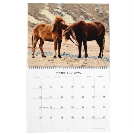 アイスランドのウマ野生生物写真カスタム年 カレンダー (2月 2026)