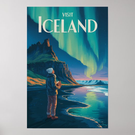 アイスランドのオーロラのイラストの旅の芸術 ポスター (正面)