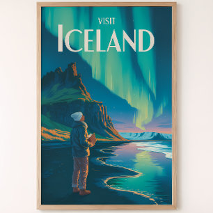 アイスランドのオーロラのイラストの旅の芸術 ポスター
